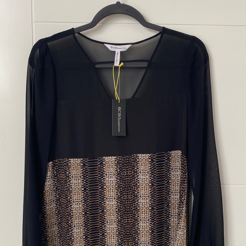 BCBGMaxAzria Black and Tan Patterned Mini Dress